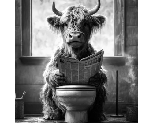 Wandbild mit einem Highland Rind auf einer Toilette, das eine Zeitung liest, Schwarz-Weiss-Stil.