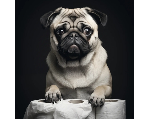Mops mit seinen Pfoten auf drei Rollen Toilettenpapier.