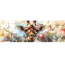 Wandbild einer Giraffe mit roter Brille im bunten Graffiti-Stil mit Farbspritzern.