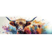Modernes Wandbild mit einem Schottischen Hochlandrind, bunter abstrakter Aquarell-Stil mit Farbspritzern, dekorative Wandkunst.