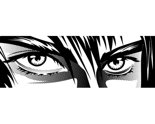 Grafisches Wandbild mit einer Nahaufnahme von Augen im Comic-Stil.