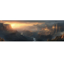 Fototapete mit Panorama einer Schlucht bei Sonnenaufgang, Flusslauf zwischen steilen Felswänden und stimmungsvollem Licht.