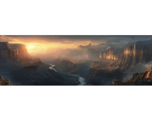 Fototapete mit Panorama einer Schlucht bei Sonnenaufgang, Flusslauf zwischen steilen Felswänden und stimmungsvollem Licht.