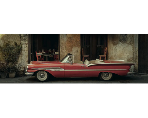 Wandbild mit einem roten Oldtimer-Cabriolet vor einem rustikalen Gebäude mit Restaurant.