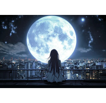 Illustration eines Mädchens mit langem Haar auf einem Balkon vor einem riesigen Vollmond und der nächtlichen Skyline einer Stadt im Anime-Stil.