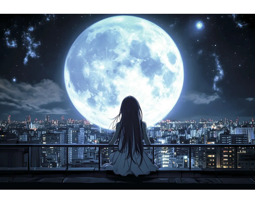 Illustration eines Mädchens mit langem Haar auf einem Balkon vor einem riesigen Vollmond und der nächtlichen Skyline einer Stadt im Anime-Stil.