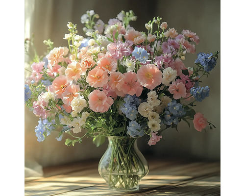 Ein üppiger Blumenstrauß mit Sommerblumen in einer bauchigen Glasvase auf einer Holzoberfläche in einer hellen Atmosphäre.