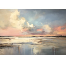 Abstraktes Wandbild einer Küstenlandschaft bei Sonnenuntergang im impressionistischen Stil.