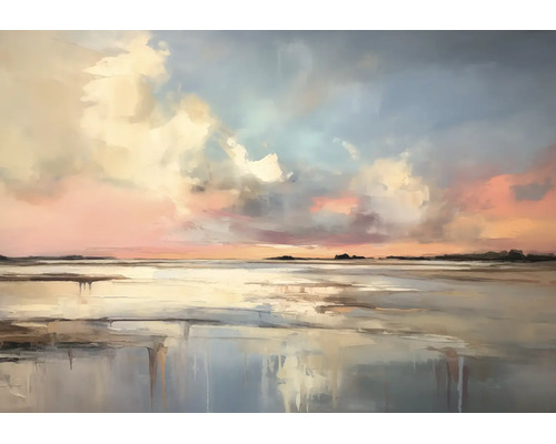 Abstraktes Wandbild einer Küstenlandschaft bei Sonnenuntergang im impressionistischen Stil.