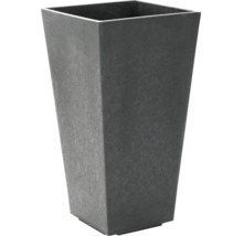 Quadratischer, hoher Pflanzkübel in Anthrazit, Kunststoff in Steinoptik, nach unten verjüngt.