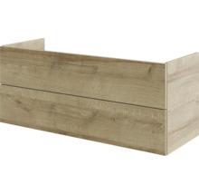 Waschtischunterschrank mit zwei Schubladen in Holzoptik, horizontale Griffleisten und sichtbare Holzmaserung.