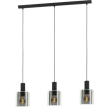 Dreiflammige Pendelleuchte in Schwarz aus Metall und Glas mit sichtbaren Leuchtmitteln.