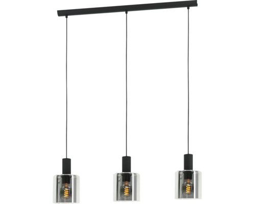 Dreiflammige Pendelleuchte in Schwarz aus Metall und Glas mit sichtbaren Leuchtmitteln.