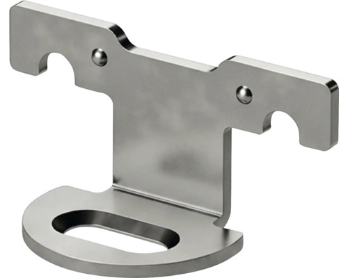Metall-Montagewinkel mit Haken und ovaler Aussparung am Standfuß.