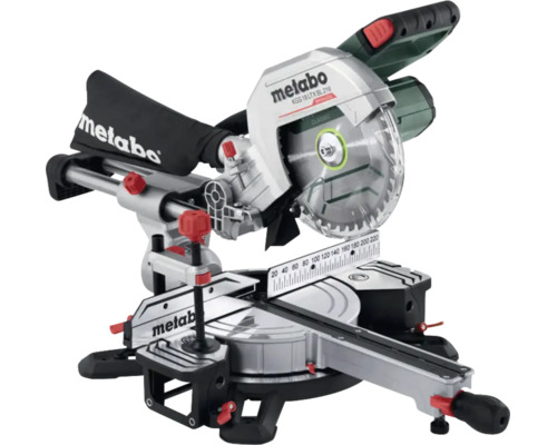 Metabo Akku-Kapp- und Gehrungssäge KGS 18 LTX BL 216 mit Zugfunktion, Sägeblatt und Spänefangsack.