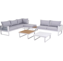 Moderne Gartenlounge aus weißem Aluminium mit hellgrauen Polstern und zwei Couchtischen, davon einer mit Holzplatte.