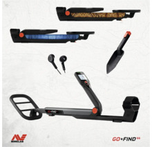 Minelab GO-FIND 66 Metalldetektor Set inklusive In-Ear-Kopfhörern, kleiner Schaufel und zwei Wechselschalen mit Schlangen- und Krokodilmuster.