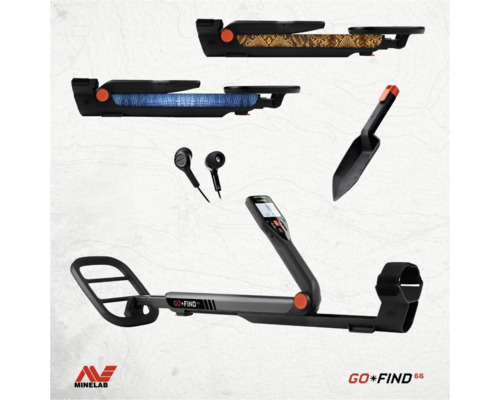 Minelab GO-FIND 66 Metalldetektor Set inklusive In-Ear-Kopfhörern, kleiner Schaufel und zwei Wechselschalen mit Schlangen- und Krokodilmuster.
