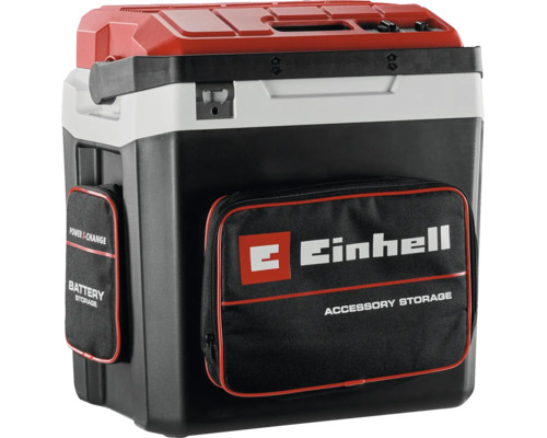 Einhell Hybrid-Kühlbox mit Tragegriff, Flaschenöffner und Taschen für Akku und Zubehör.