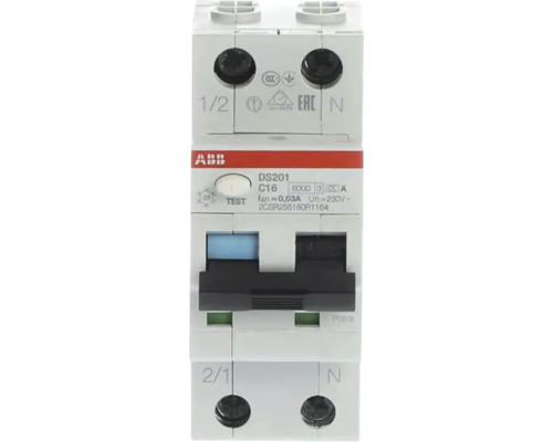 ABB Fehlerstrom-Leitungsschutzschalter DS201, C16, 0,03 Ampere, 230 Volt, zweipolig, ABB Logo.