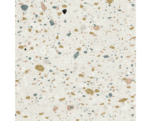 Terrazzo-Oberfläche mit unregelmäßigen Mineraleinschlüssen und feiner Struktur.