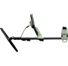 Metallsuchgerät mit Display, Teleskopstange und Suchspule in Seitenansicht. Minelab Logo.