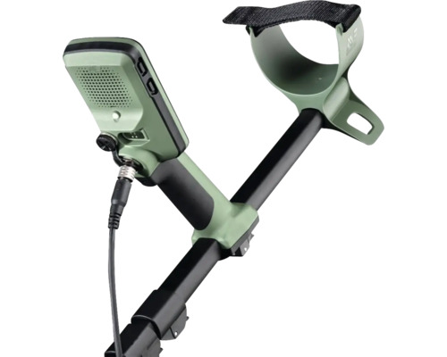 Steuereinheit und Armstütze eines Metalldetektors mit Griff, Display und verstellbarem Armgurt.