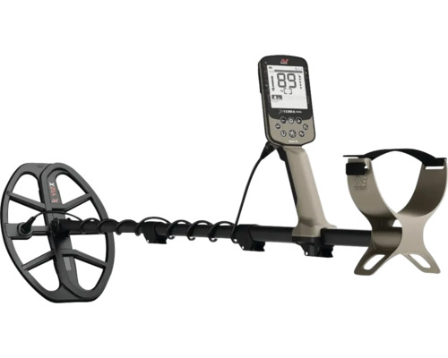 Metalldetektor Minelab X-Terra Pro mit digitalem Display, runder Suchspule und ergonomischer Armstütze.