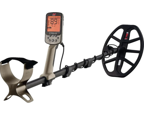 Metalldetektor mit digitalem Display, Suchspule, Armstütze und verstellbarem Gestänge.
