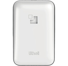 Weiße Litheli Powerbank mit abgerundeten Ecken und Litheli Logo.