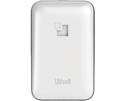 Weiße Litheli Powerbank mit abgerundeten Ecken und Litheli Logo.