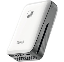 Weiße Litheli Powerbank mit mehreren Anschlüssen an der Unterseite und grauem Gehäuse mit Linienstruktur.