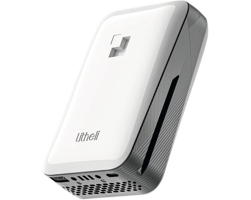 Weiße Litheli Powerbank mit mehreren Anschlüssen an der Unterseite und grauem Gehäuse mit Linienstruktur.