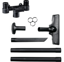 Staubsaugerzubehör-Set aus schwarzem Kunststoff mit Bodendüse, Saugrohren, Fugendüse, Polsterdüse und Zubehörhalter.