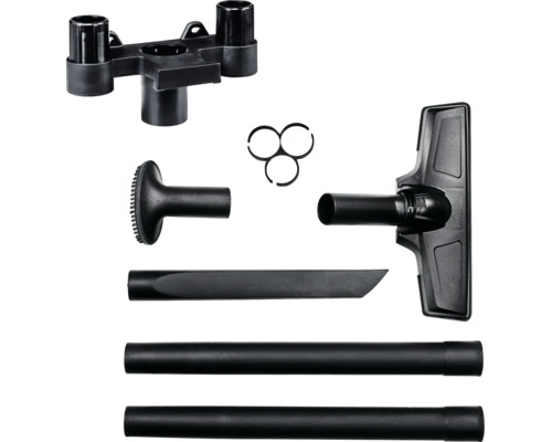 Staubsaugerzubehör-Set aus schwarzem Kunststoff mit Bodendüse, Saugrohren, Fugendüse, Polsterdüse und Zubehörhalter.