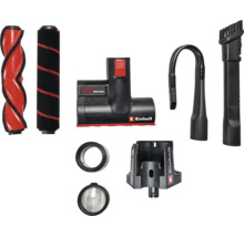 Einhell Staubsauger-Zubehörset mit Bürstenwalzen, motorisierter Bodendüse, flexibler Fugendüse, Kombidüse, Filtern, Wandhalterung und Einhell Logo.