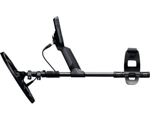 Metalldetektor mit Suchspule, Steuereinheit, Display und Armstütze.