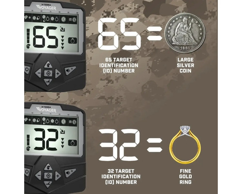 Minelab Metalldetektor X-Terra Voyager Display zeigt Ziel-Identifikationsnummern: 65 für eine Silbermünze und 32 für einen Goldring.