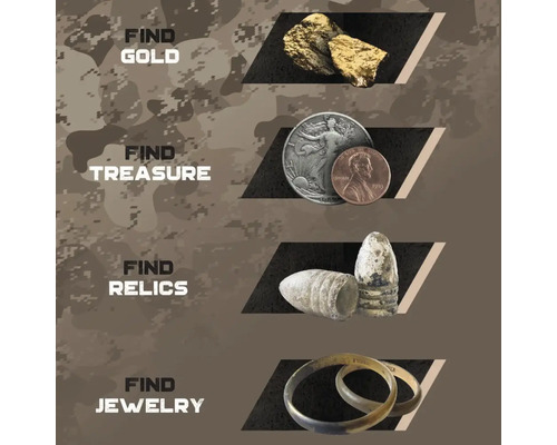 Darstellung von Fundstücken eines Metalldetektors: Goldnuggets, Münzen, historische Relikte und Schmuck.