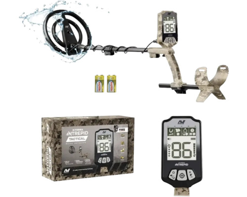 Minelab Metalldetektor X-Terra Intrepid Tactical mit Tarnmuster, wasserdichter Suchspule, digitalem Display, Batterien und Originalverpackung.