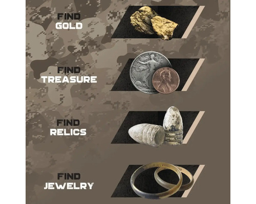Grafik zeigt mögliche Funde eines Metalldetektors: Goldnuggets, Münzen, historische Relikte wie Projektile und Schmuck.