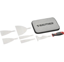 Rautner Spachtel-Set bestehend aus sechs Edelstahlklingen, einem ergonomischen Griff und einer Tasche mit Rautner Logo.