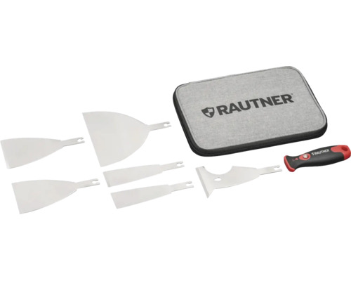 Rautner Spachtel-Set bestehend aus sechs Edelstahlklingen, einem ergonomischen Griff und einer Tasche mit Rautner Logo.