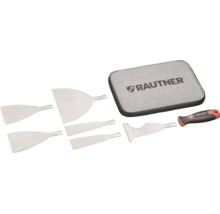 Rautner Schaber-Set mit 5 verschiedenen Wechselklingen, ergonomischem Griff und Aufbewahrungstasche. Rautner Logo.
