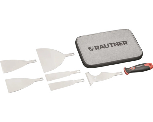 Rautner Schaber-Set mit 5 verschiedenen Wechselklingen, ergonomischem Griff und Aufbewahrungstasche. Rautner Logo.