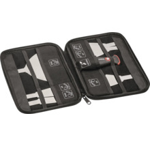 Malerspachtel-Set mit Wechselgriff in schwarzer Reißverschlusstasche, inklusive flexiblen und steifen Edelstahlklingen in verschiedenen Größen.