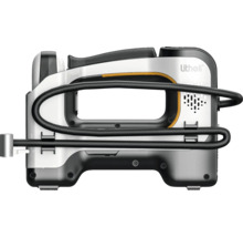 Tragbare batteriebetriebene Litheli Luftpumpe in Silber und Schwarz mit integrierter Schlauchaufbewahrung und ergonomischem Griff.