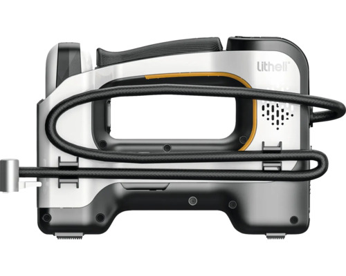 Tragbare batteriebetriebene Litheli Luftpumpe in Silber und Schwarz mit integrierter Schlauchaufbewahrung und ergonomischem Griff.