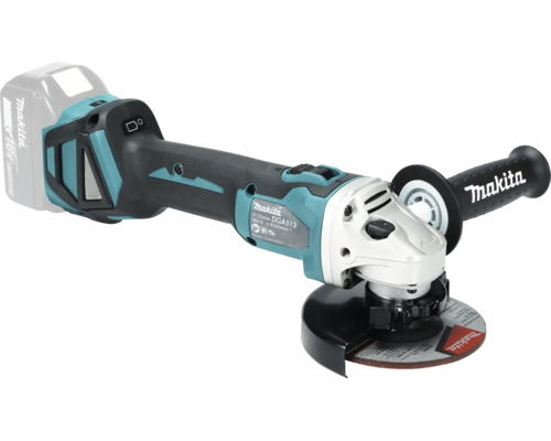 Makita Akku-Winkelschleifer DGA513 mit 18 Volt, 125 Millimeter Scheibendurchmesser, inklusive Zusatzgriff und Schutzhaube.