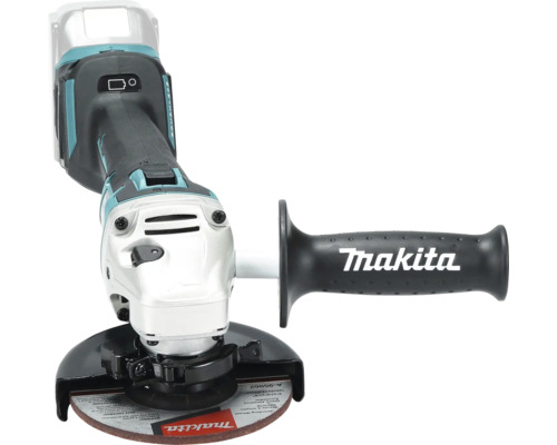 Makita Akku-Winkelschleifer mit Seitengriff und Schleifscheibe.
